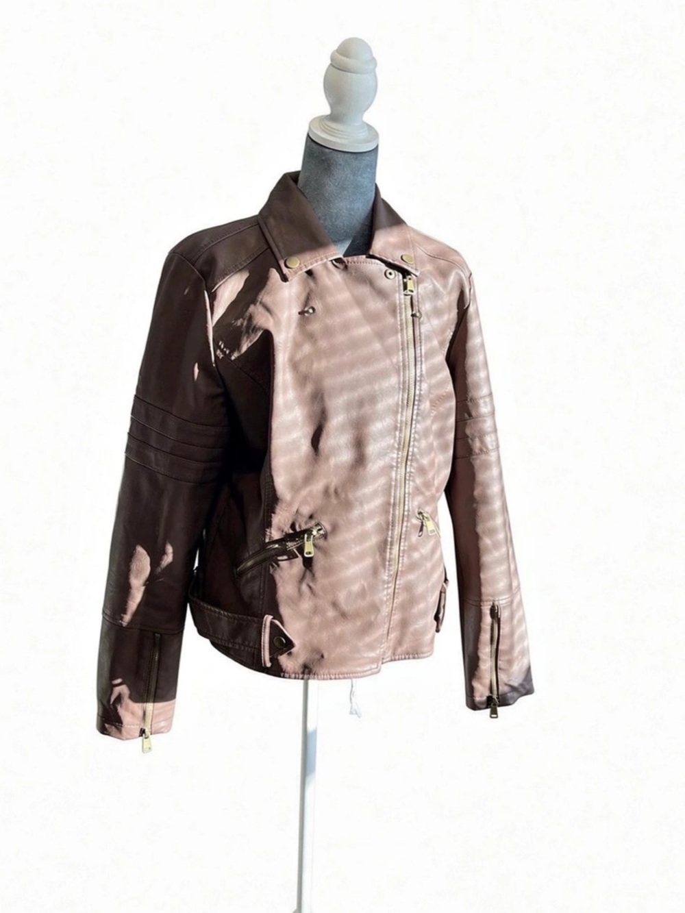 Baccini Brown Faux Leather Moto Jacket Gold Zip Sleeve Stripes